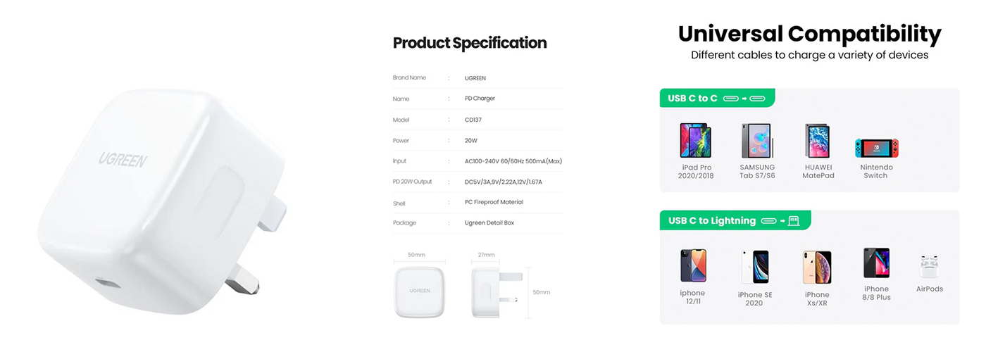 Ugreen USB C 20W PD Fast Charger UK (White) - 60451