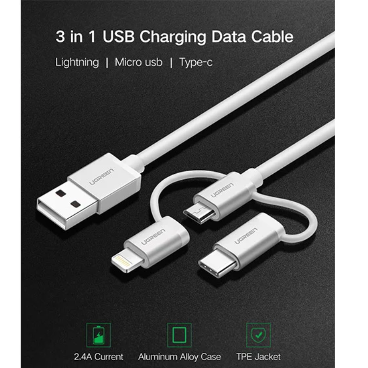Ugreen 1.5 Meter 3-in-1 MFi Certification USB-A 2.0 Multifunction Cable with Braid - 50203 - Image 3